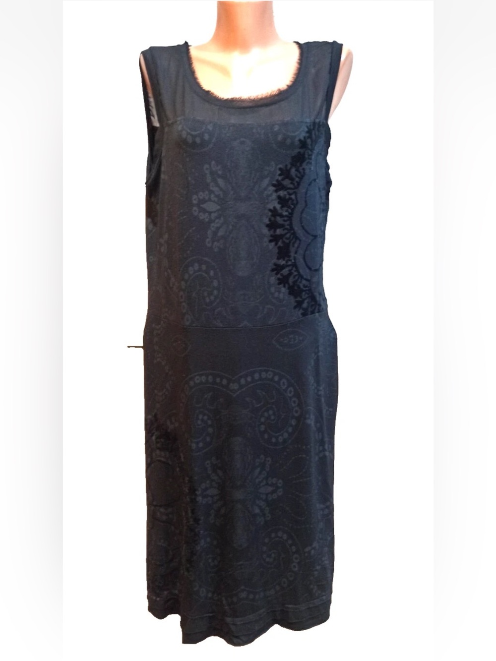 Desigual Black Velvet Flocked Mesh Illusion Neckline A-Line Mini Dress‎ M